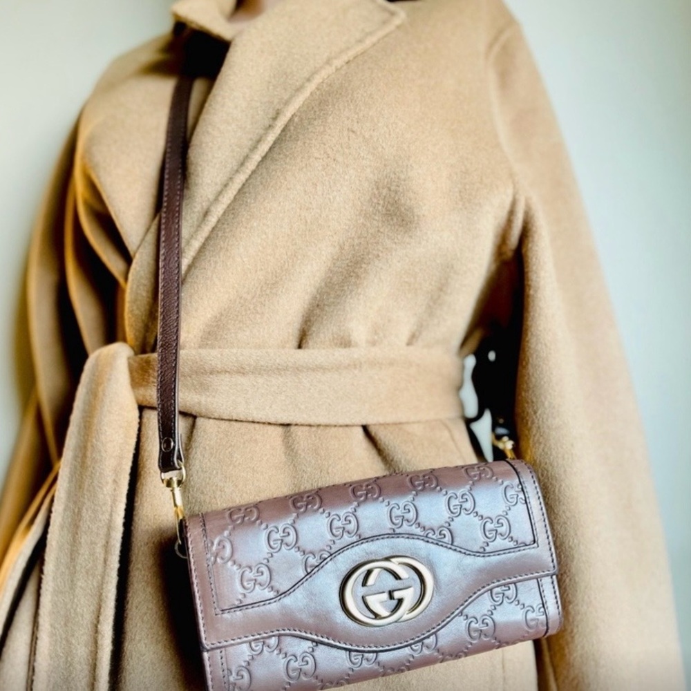 Gucci Vintage Bifold Long Wallet Crossbody Guccissima Embossed GG Leather 4-Way
